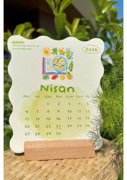 Akdeniz Esintili 2026 Masa Takvimi | Dalgalı Kesim, 12 Ay, Ahşap Ayaklı Dekoratif Takvim modelleri