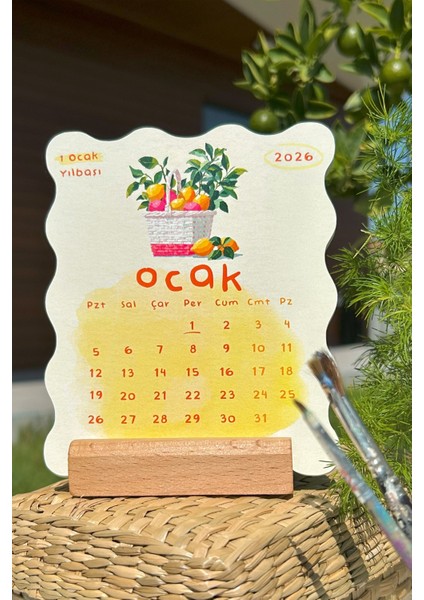 Akdeniz Esintili 2026 Masa Takvimi | Dalgalı Kesim, 12 Ay, Ahşap Ayaklı Dekoratif Takvim indirimleri