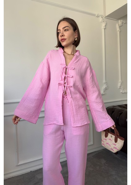 Önü Kurdeleli Müslin Takım- Pembe