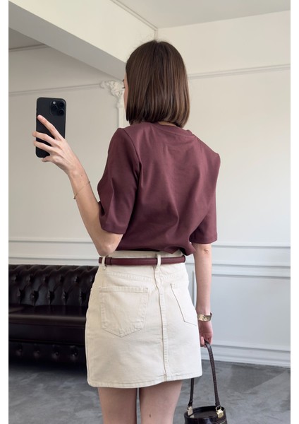 Omuz Vatkalı Premium Tshirt- Acı Kahve