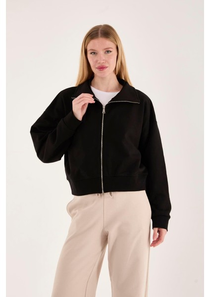 %100 Pamuk Fermuarlı Yüksek Yakalı Kadın Sweatshirt