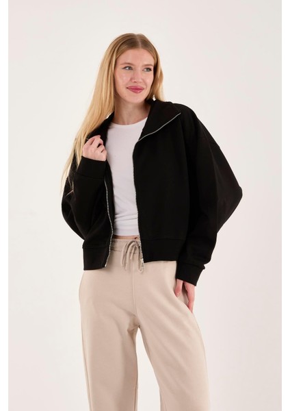 %100 Pamuk Fermuarlı Yüksek Yakalı Kadın Sweatshirt modelleri