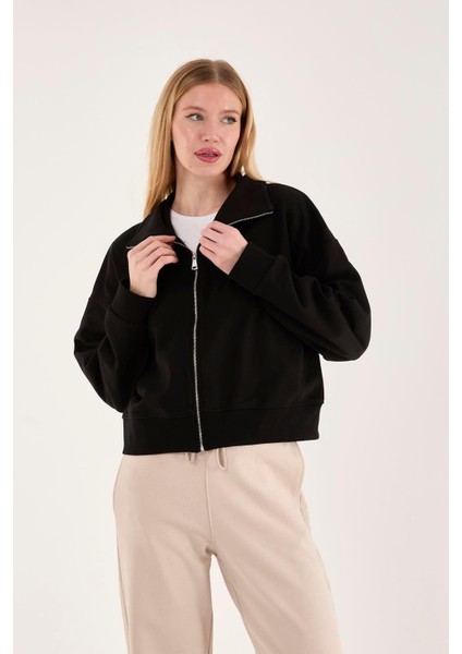 %100 Pamuk Fermuarlı Yüksek Yakalı Kadın Sweatshirt fırsatları