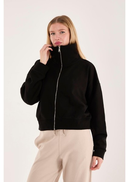 %100 Pamuk Fermuarlı Yüksek Yakalı Kadın Sweatshirt indirimleri