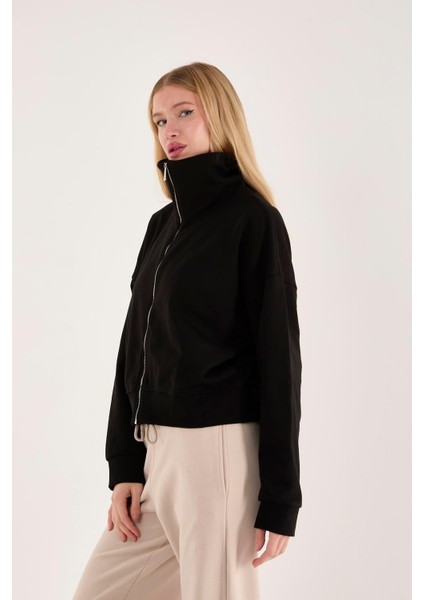 %100 Pamuk Fermuarlı Yüksek Yakalı Kadın Sweatshirt