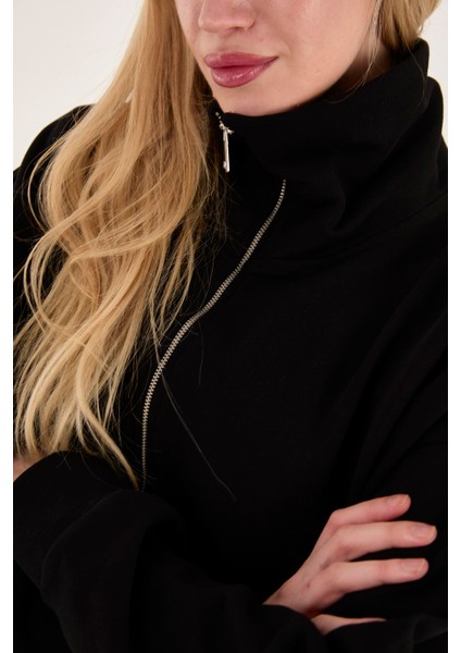 %100 Pamuk Fermuarlı Yüksek Yakalı Kadın Sweatshirt