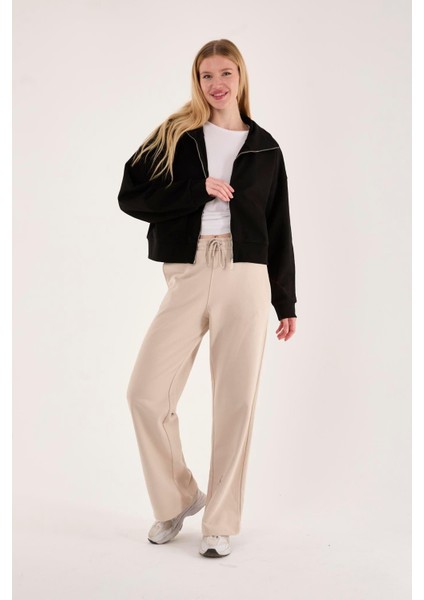 %100 Pamuk Fermuarlı Yüksek Yakalı Kadın Sweatshirt