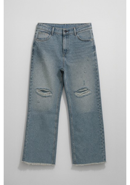 Kadın Yüksek Bel Wide Leg Dizi Yırtık Buz Mavi Jean Pantolon