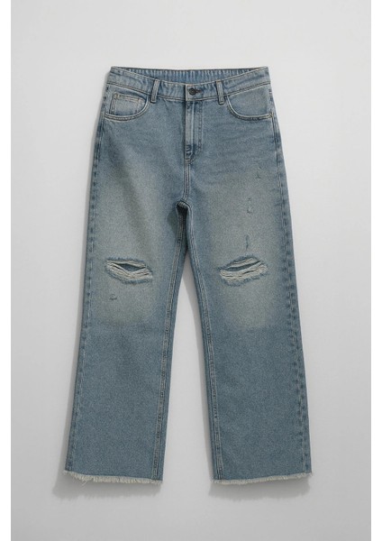 Kadın Yüksek Bel Wide Leg Dizi Yırtık Buz Mavi Jean Pantolon modelleri