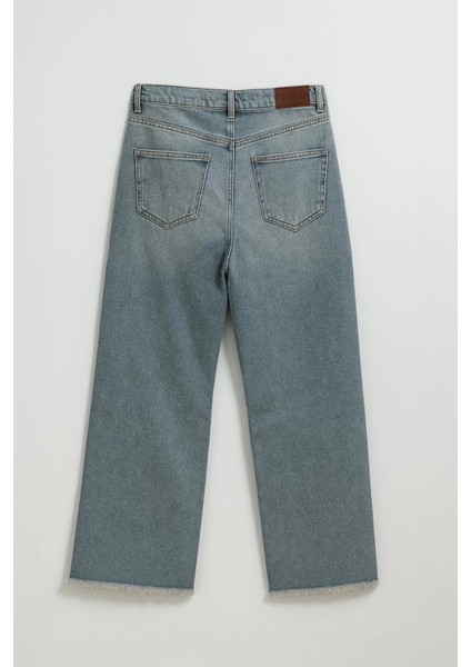 Kadın Yüksek Bel Wide Leg Dizi Yırtık Buz Mavi Jean Pantolon fırsatları