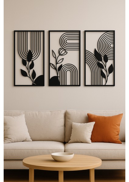 3’lü Minimalist Yaprak ve Çizgi Desenli Metal Tablo Seti