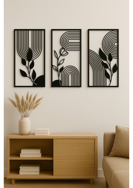 3’lü Minimalist Yaprak ve Çizgi Desenli Metal Tablo Seti fiyatları