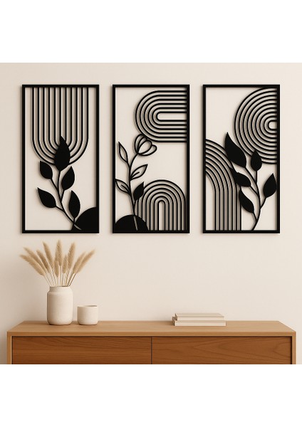 3’lü Minimalist Yaprak ve Çizgi Desenli Metal Tablo Seti modelleri