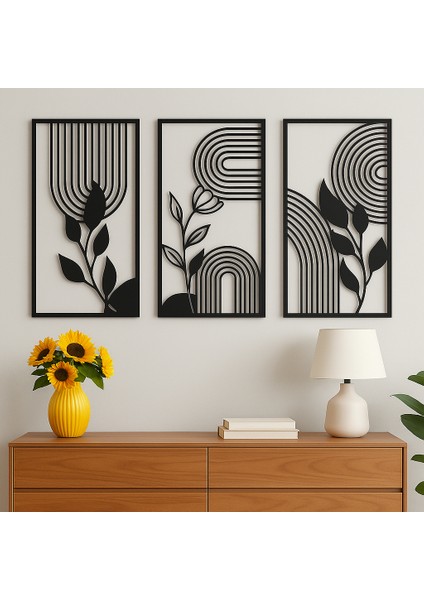 3’lü Minimalist Yaprak ve Çizgi Desenli Metal Tablo Seti fırsatları