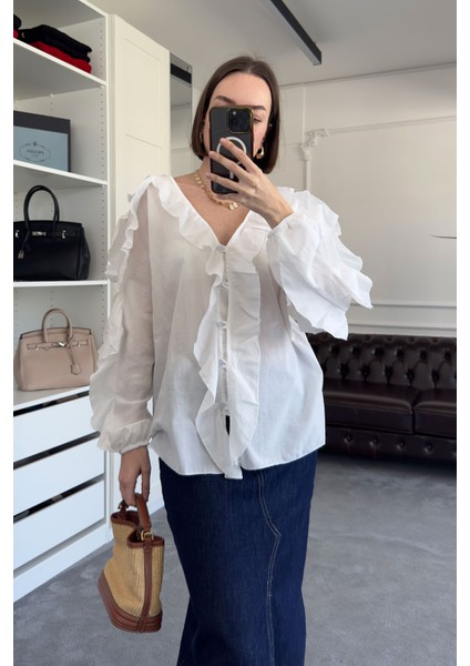 Vual Bağlamalı Orj Gömlek- Beyaz