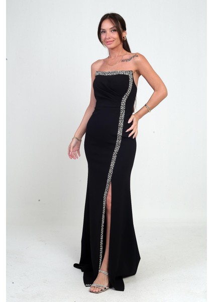 Kadın Önü Drapeli Taş Detaylı Telalı Uzun Krep Elbise