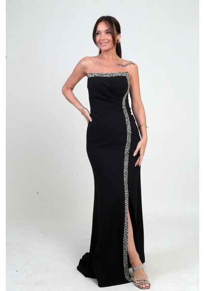 Kadın Önü Drapeli Taş Detaylı Telalı Uzun Krep Elbise fiyatları