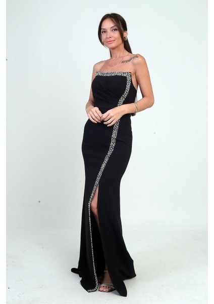 Kadın Önü Drapeli Taş Detaylı Telalı Uzun Krep Elbise modelleri