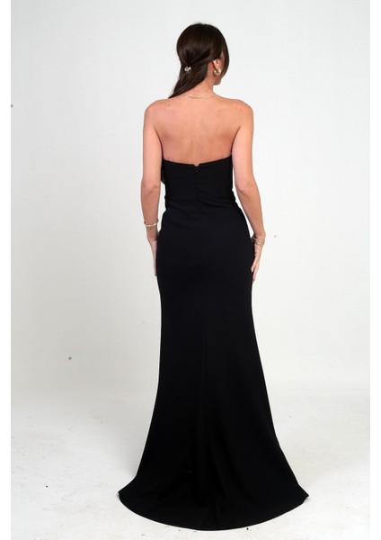 Kadın Önü Drapeli Taş Detaylı Telalı Uzun Krep Elbise fırsatları