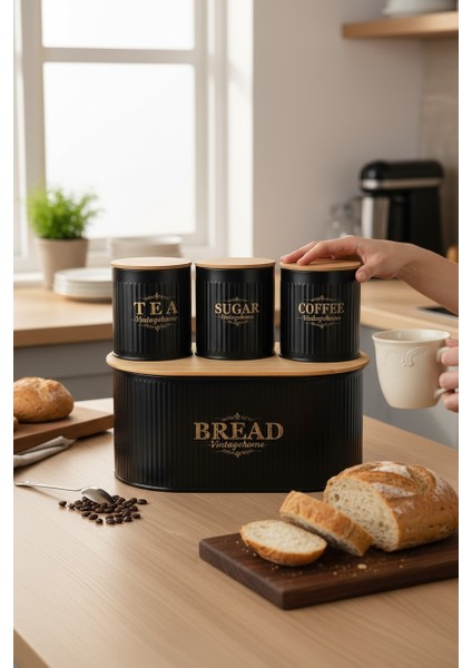 Bambu Kapaklı Metal Ekmeklik ve Kavanoz Seti