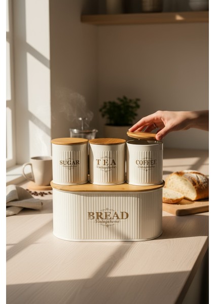 Bambu Kapaklı Metal Ekmeklik ve Kavanoz Seti