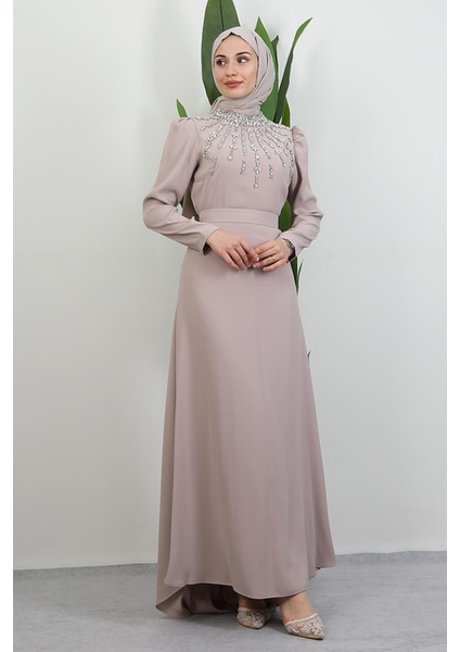 Yakası Taş Işlemeli Elbise Krem fiyatları