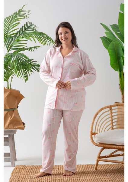 Uzun Kol Gömlek Yaka Kadın Pinterest Pijama Takımı - Kadın Pijama- Geniş Beden Aralığı
