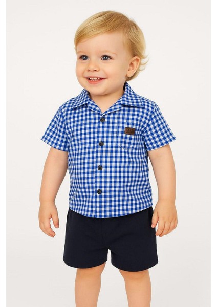 Erkek Çocuk Pitikareli Yazlık Kısa Kollu Gömlek Saten Şortlu 2li Takım Bayramlık Takım (Tam Kalıp)