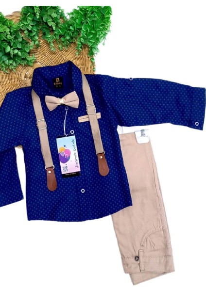 Erkek Çocuk Uzun Kollu Lacivert Gömlekli Papyonlu Askılı Pantolonlu 4lü Takım