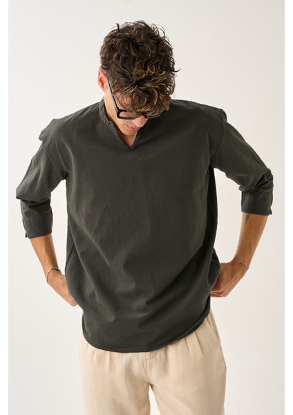 Erkek Fakir Kol V Yaka Rahat Kalıp %100 Pamuk Gömlek E223
