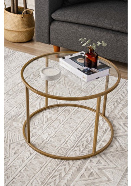 Gold Berlin Orta Sehpa Yuvarlak Cam Üst ve Altın Metal Ayak 60 cm