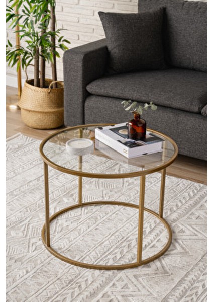 Gold Berlin Orta Sehpa Yuvarlak Cam Üst ve Altın Metal Ayak 60 cm