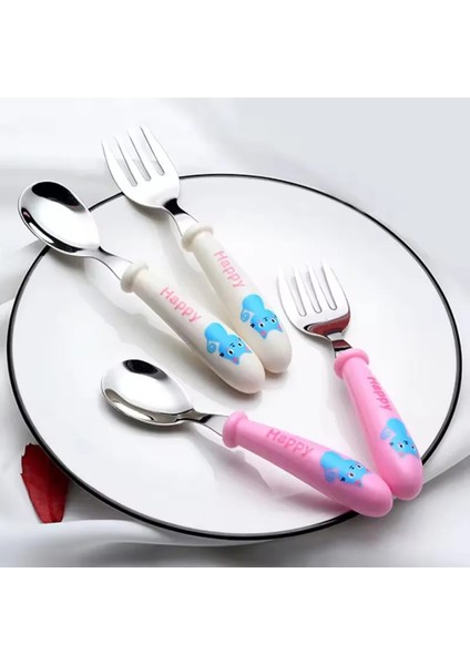 Pembe Renk Kedi Model Premium Çocuk Bpa'sız Silikon Saplı Paslanmaz Çelik Uçlu Çatal-Kaşık, (9+ Ay modelleri