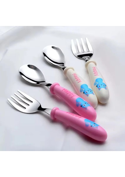 Pembe Renk Kedi Model Premium Çocuk Bpa'sız Silikon Saplı Paslanmaz Çelik Uçlu Çatal-Kaşık, (9+ Ay indirimleri