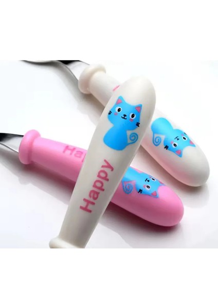 Pembe Renk Kedi Model Premium Çocuk Bpa'sız Silikon Saplı Paslanmaz Çelik Uçlu Çatal-Kaşık, (9+ Ay