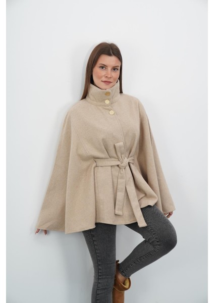 Dik Yaka Kuşaklı Kaşe Panço-Bej