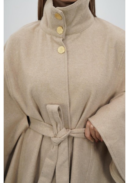 Dik Yaka Kuşaklı Kaşe Panço-Bej modelleri