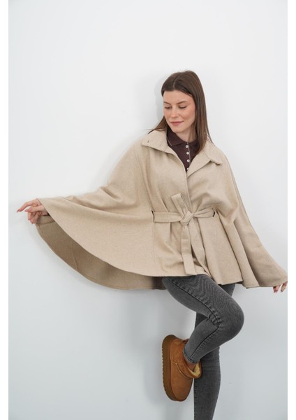 Dik Yaka Kuşaklı Kaşe Panço-Bej fırsatları