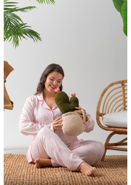 Uzun Kol Gömlek Yaka Kadın Pinterest Pijama Takımı - Kadın Pijama- Geniş Beden Aralığı