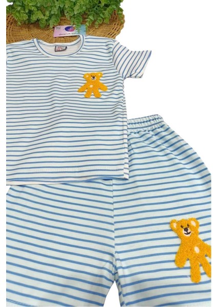 Çocuk Unısex Ayıcık Nakışlı Çizgili 2'li Alt Üst Takım Erkek/kız Yazlık Ince Kısa Kollu fiyatları