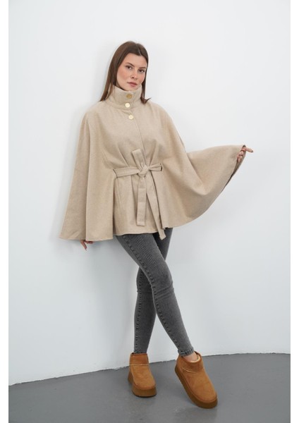 Dik Yaka Kuşaklı Kaşe Panço-Bej indirimleri