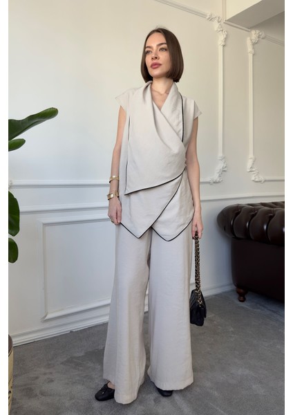 Biye Detay Tasarım Kruvaze Modal Takım- Bej