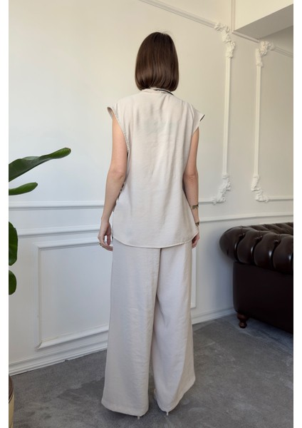 Biye Detay Tasarım Kruvaze Modal Takım- Bej