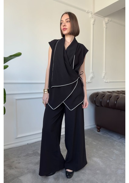 Biye Detay Tasarım Kruvaze Modal Takım- Siyah