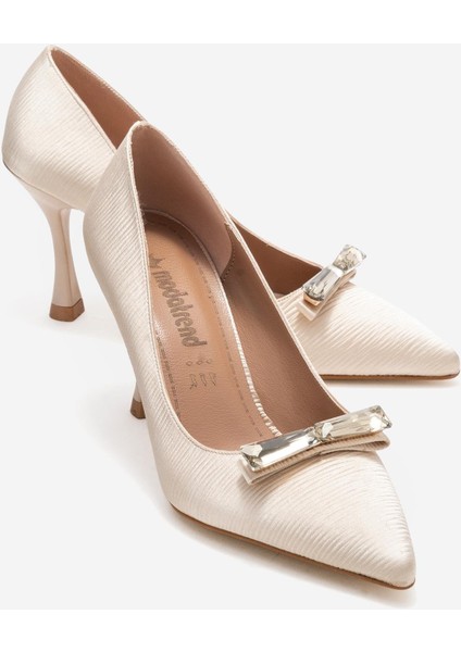 Aksessuarlı Kadın Stiletto Ayakkabı Bej Çizgili