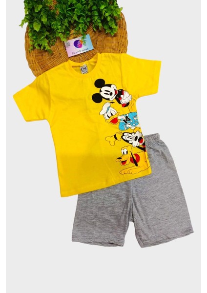 Mickey Mouse Baskılı Unisex Çocuk 2li Alt Üst Takım Yazlık