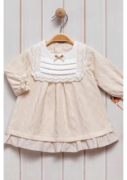 Çiçek Nakışlı Dantel Detaylı Fiyonklu Elbise 0-2 Yaş Kendinden Desenli Kumaş indirimleri