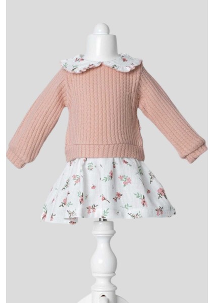 Kız Bebek Yaka Detaylı Üstü Örme Ince Triko Altı Müslin Elbise 3-6-9-12-18-24AY