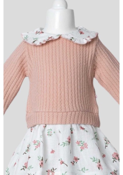 Kız Bebek Yaka Detaylı Üstü Örme Ince Triko Altı Müslin Elbise 3-6-9-12-18-24AY fiyatları