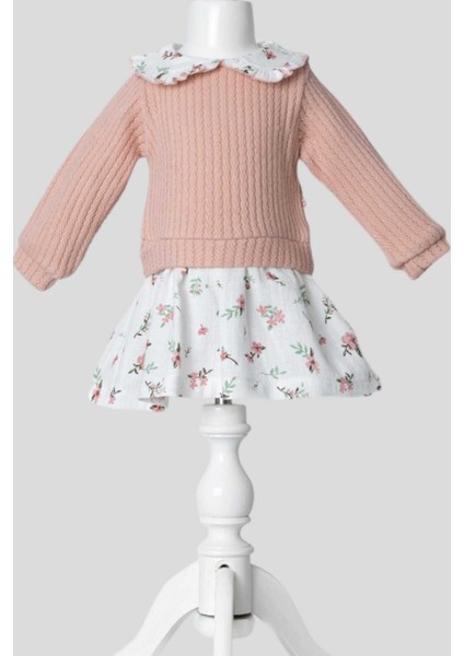 Kız Bebek Yaka Detaylı Üstü Örme Ince Triko Altı Müslin Elbise 3-6-9-12-18-24AY indirimleri